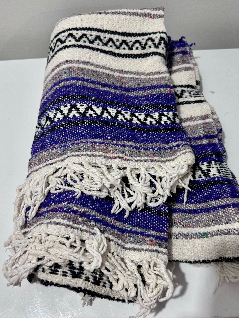 Woven Striped Baja-Style Blanket in Purple, White & Black